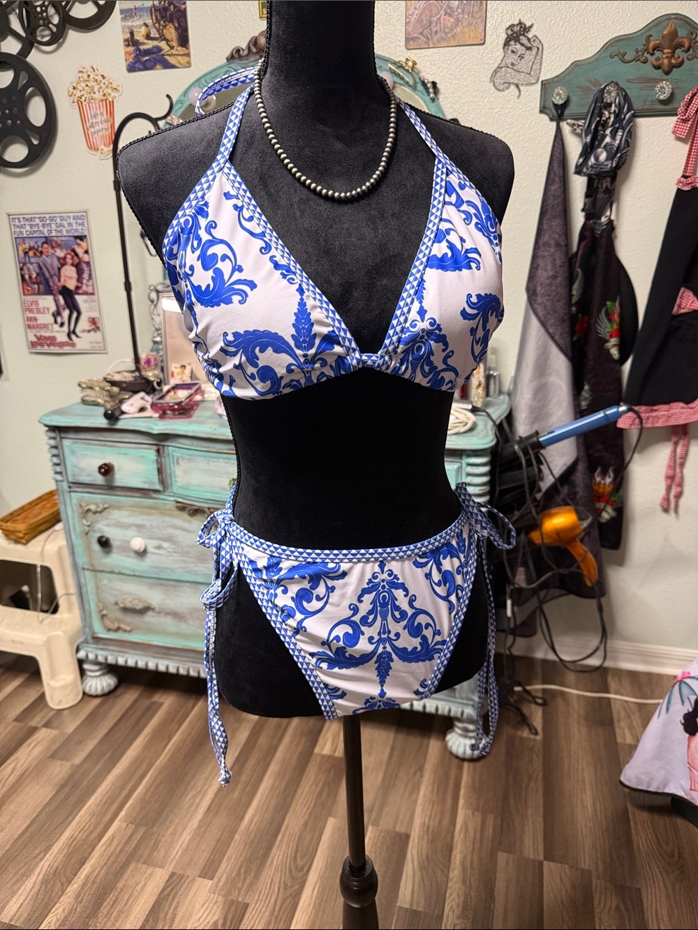 SHEIN Blue and White Printed Tie-Side Bikini